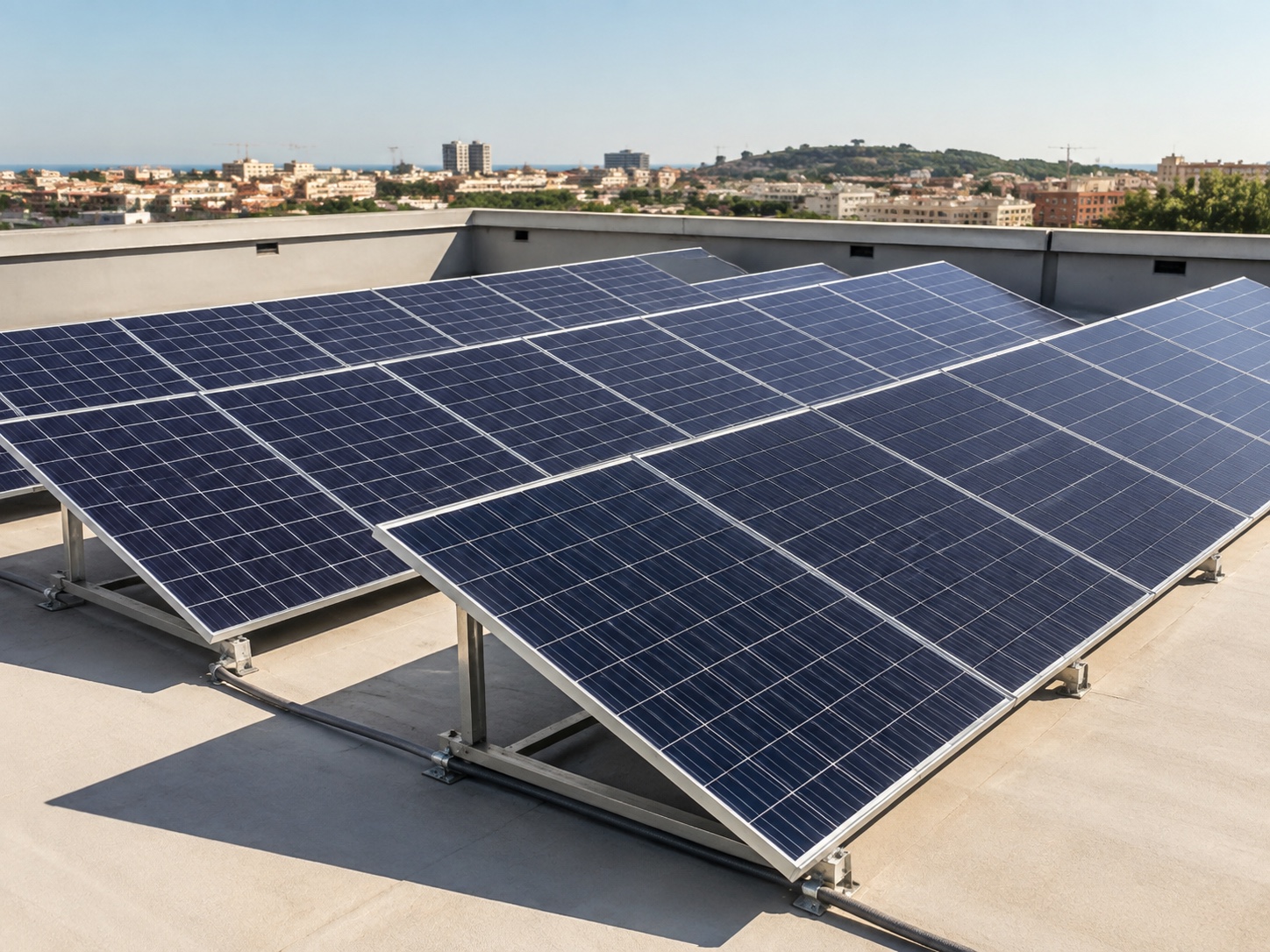 Paneles fotovoltaicos instalados de forma ordenada sobre una cubierta urbana