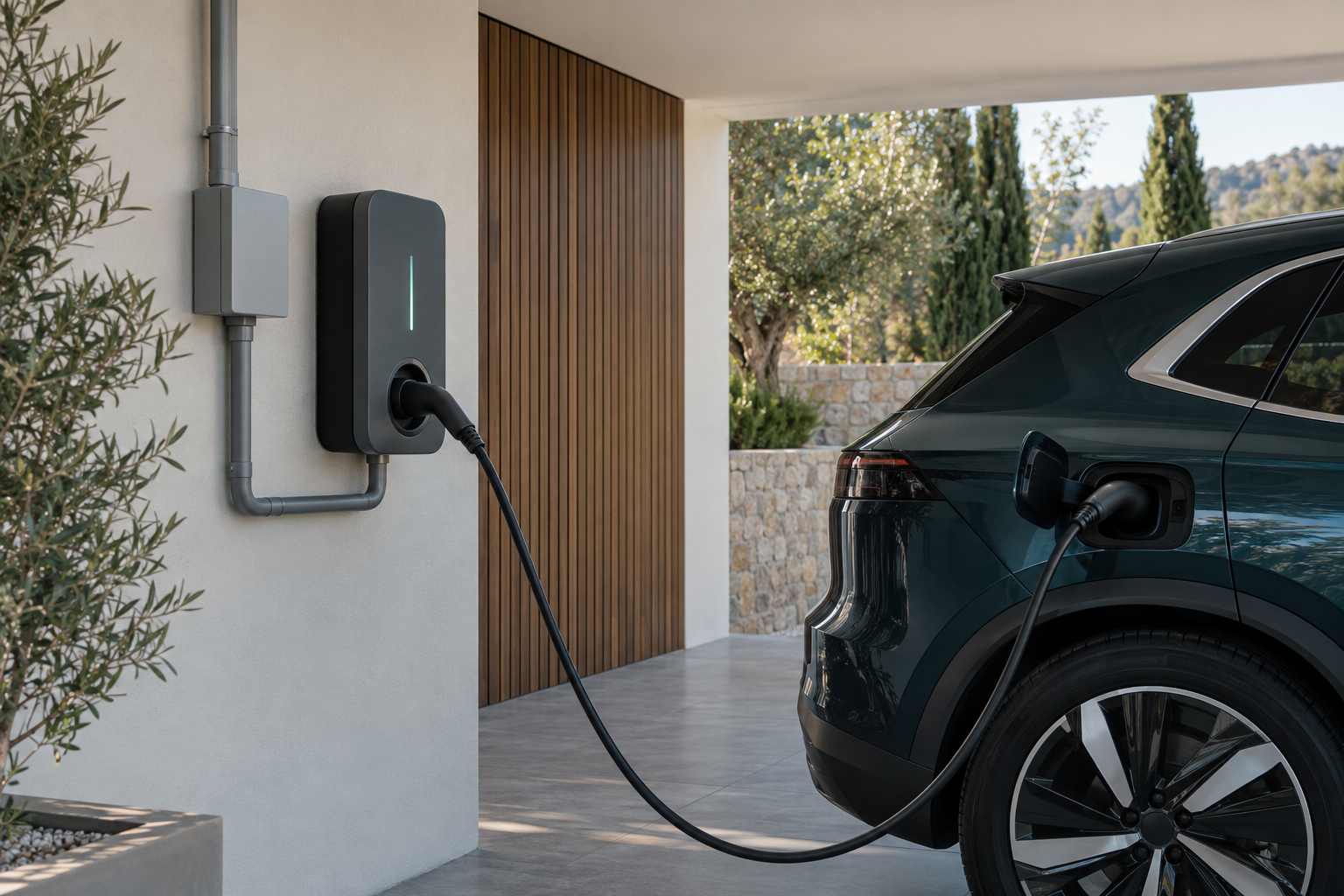 Punto de recarga para vehículo eléctrico instalado de forma limpia en un garaje residencial